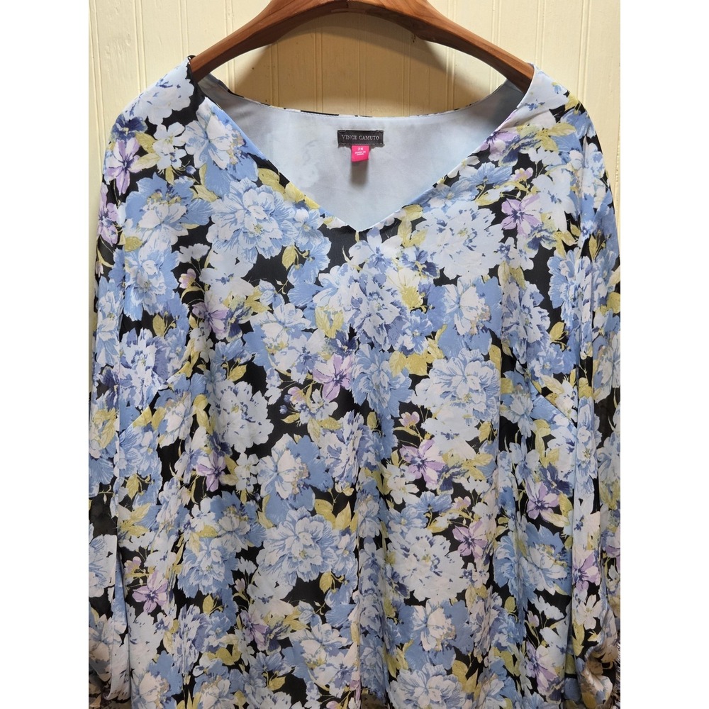 Vince Camuto Blouse Womens 2X Blue Floral Print‎ V Neck Ruffle Bell Sleeve Top